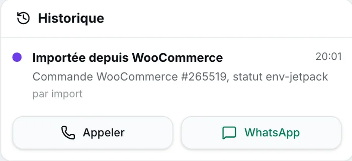 Order history, Call and WhatsApp buttons